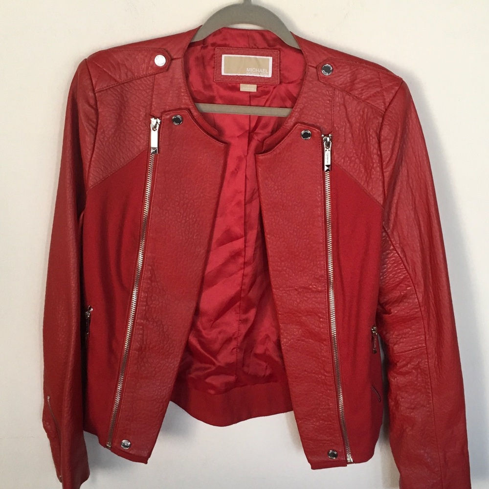 Michael Kors Red Leather Moto Jacket with Dual Zippers